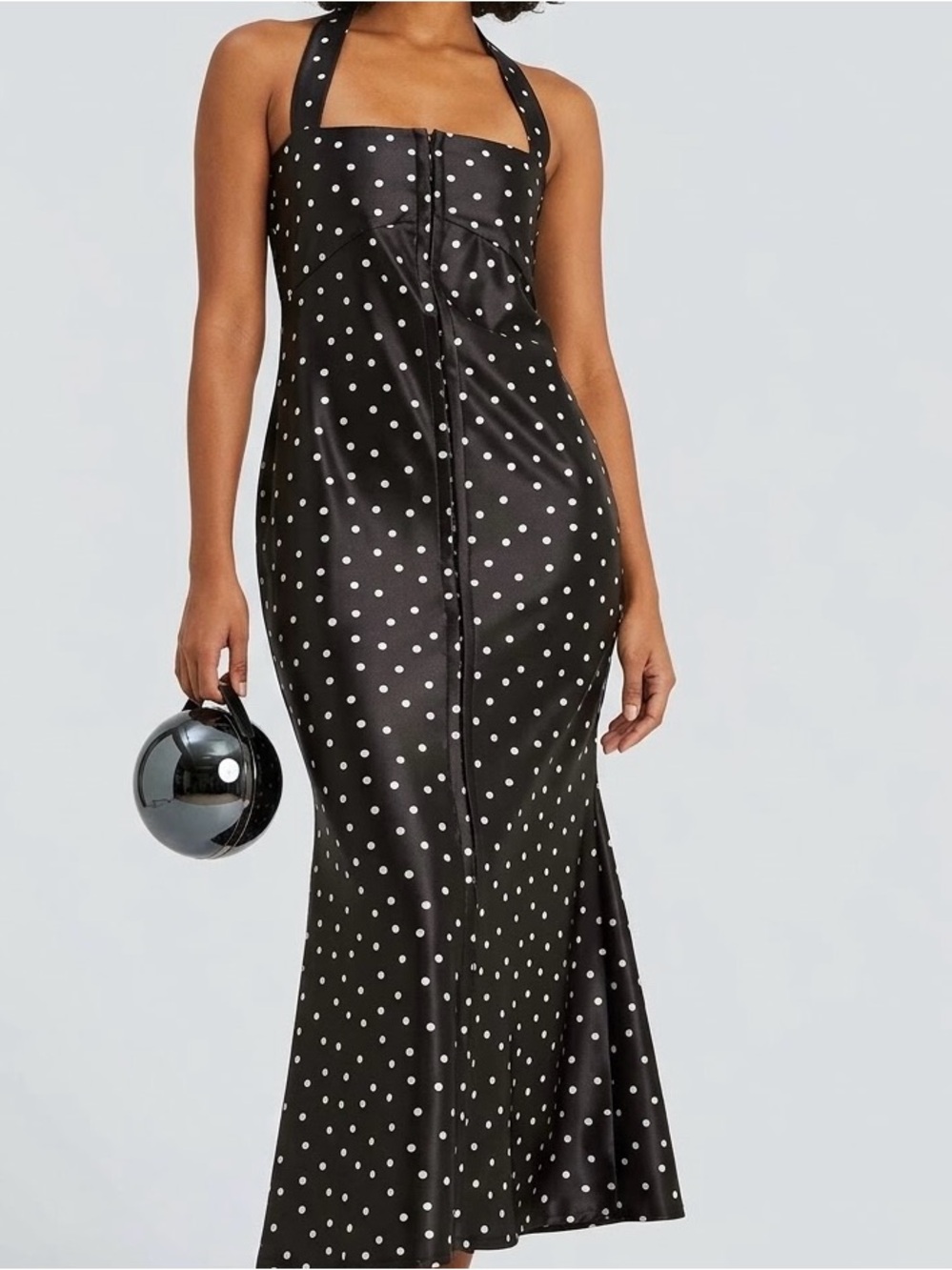 ASOS DESIGN stretch satin halter midi dress in black/white polka dot - Size 8